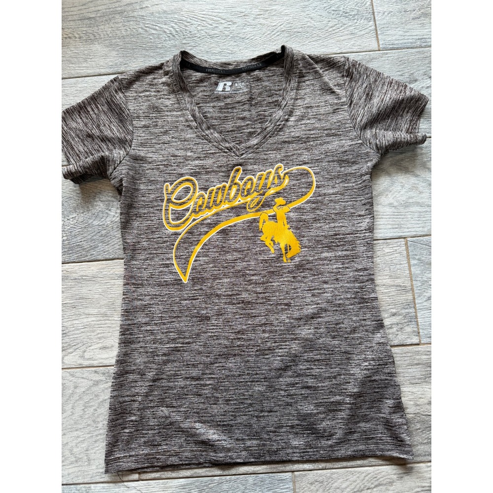 Wyoming Cowboys Russell Athletic T-Shirt Tee Shirt Small Space Dye V-Neck Womens